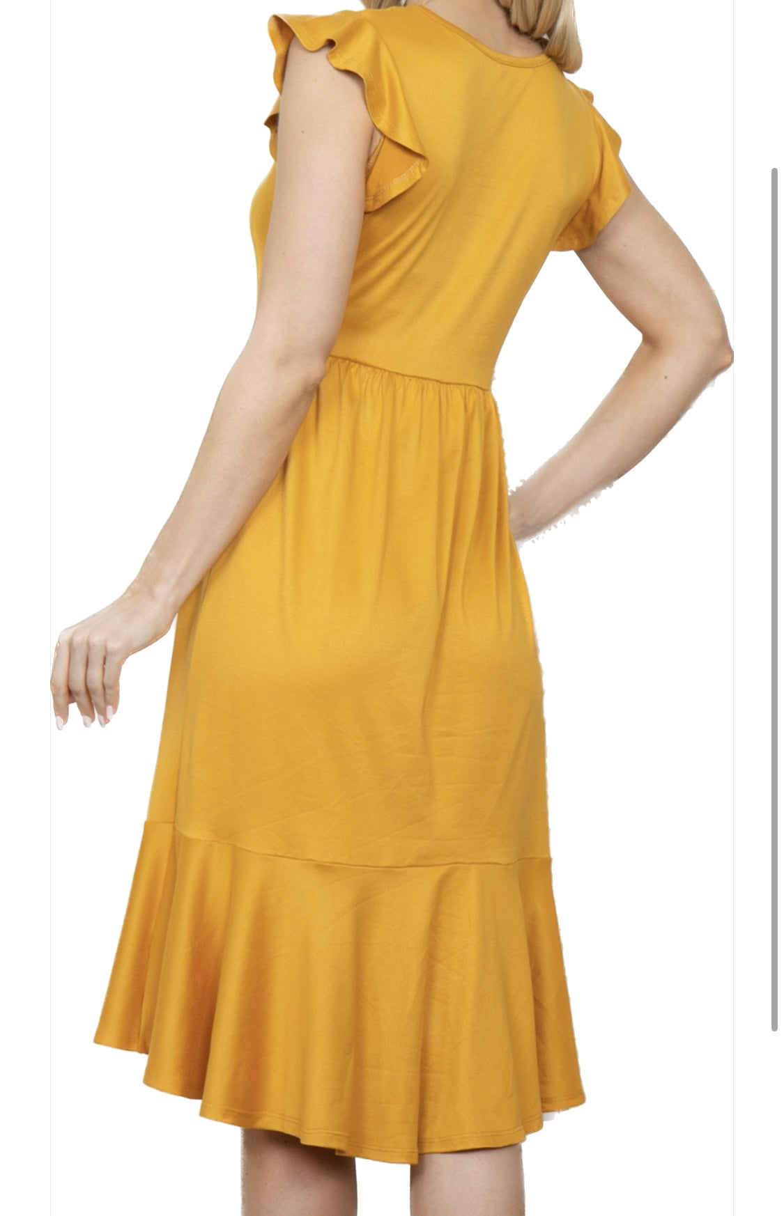 Ruffle Sleeve Knee Length Mustard Dress