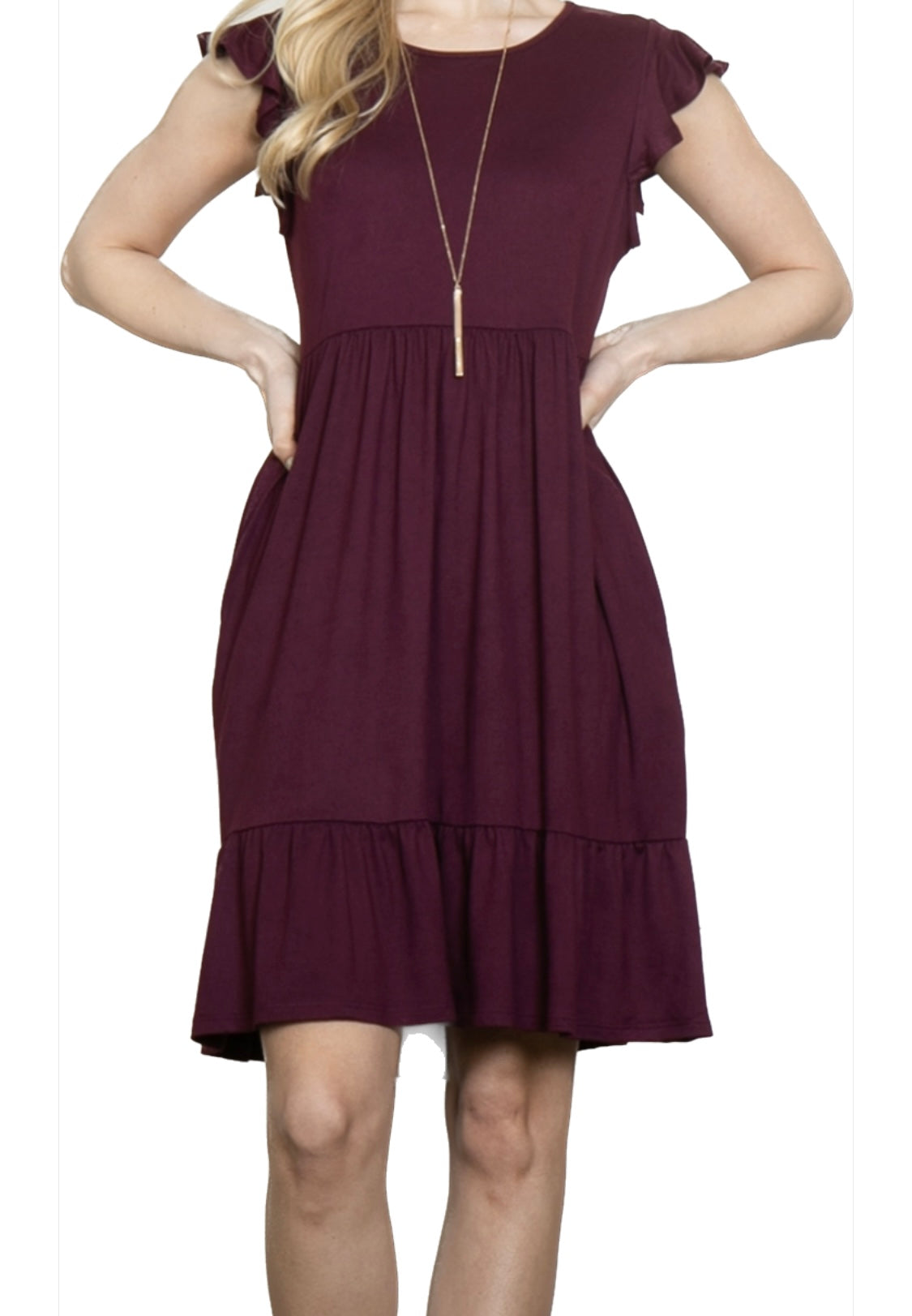 Eggplant Ruffle Sleeves Knee Length Dress