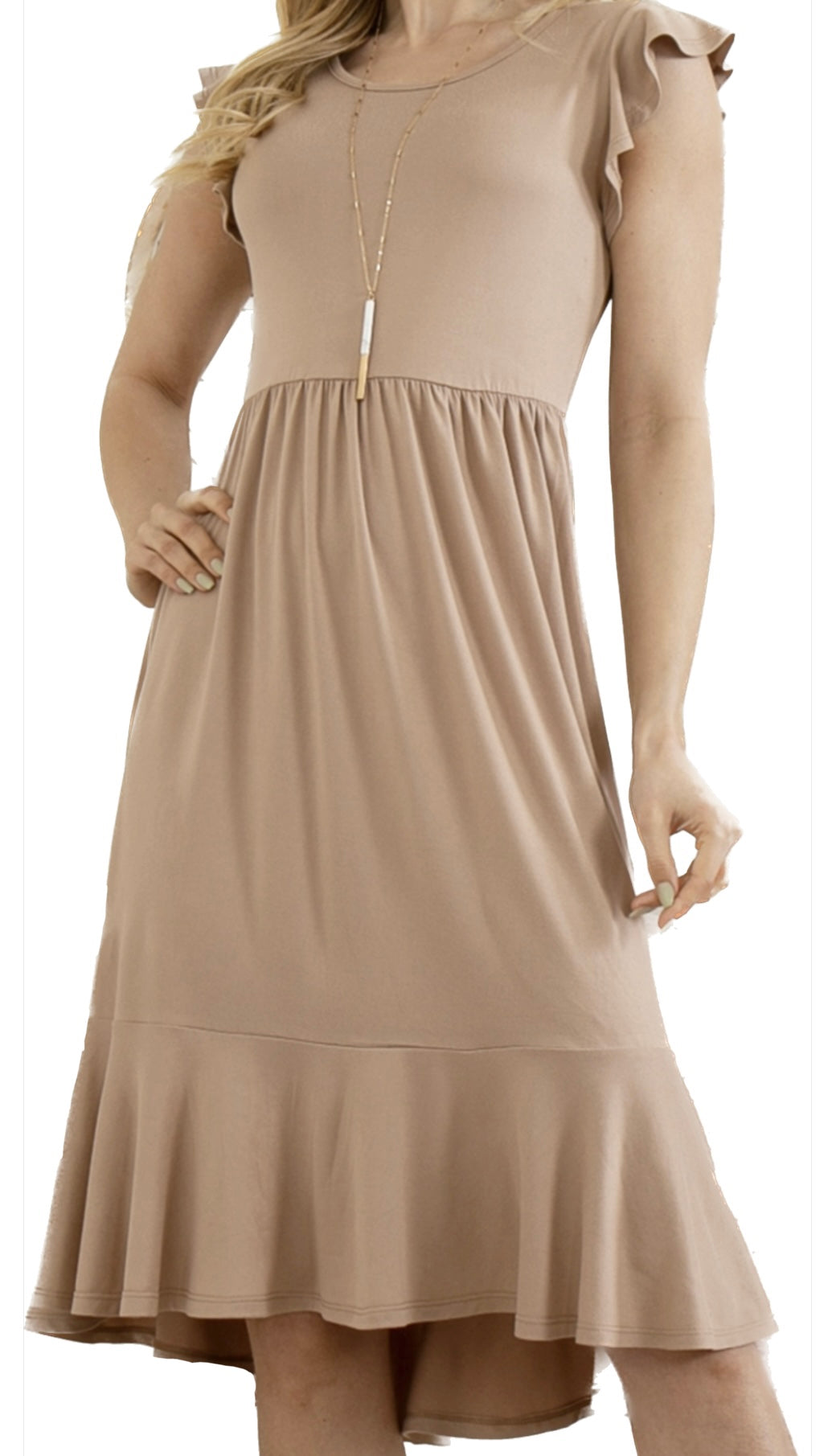 Ruffle Sleeves Knee Length Mocha Dress