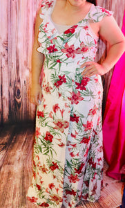 WHITE MAUVE & GREEN FLORAL MAXI DRESS