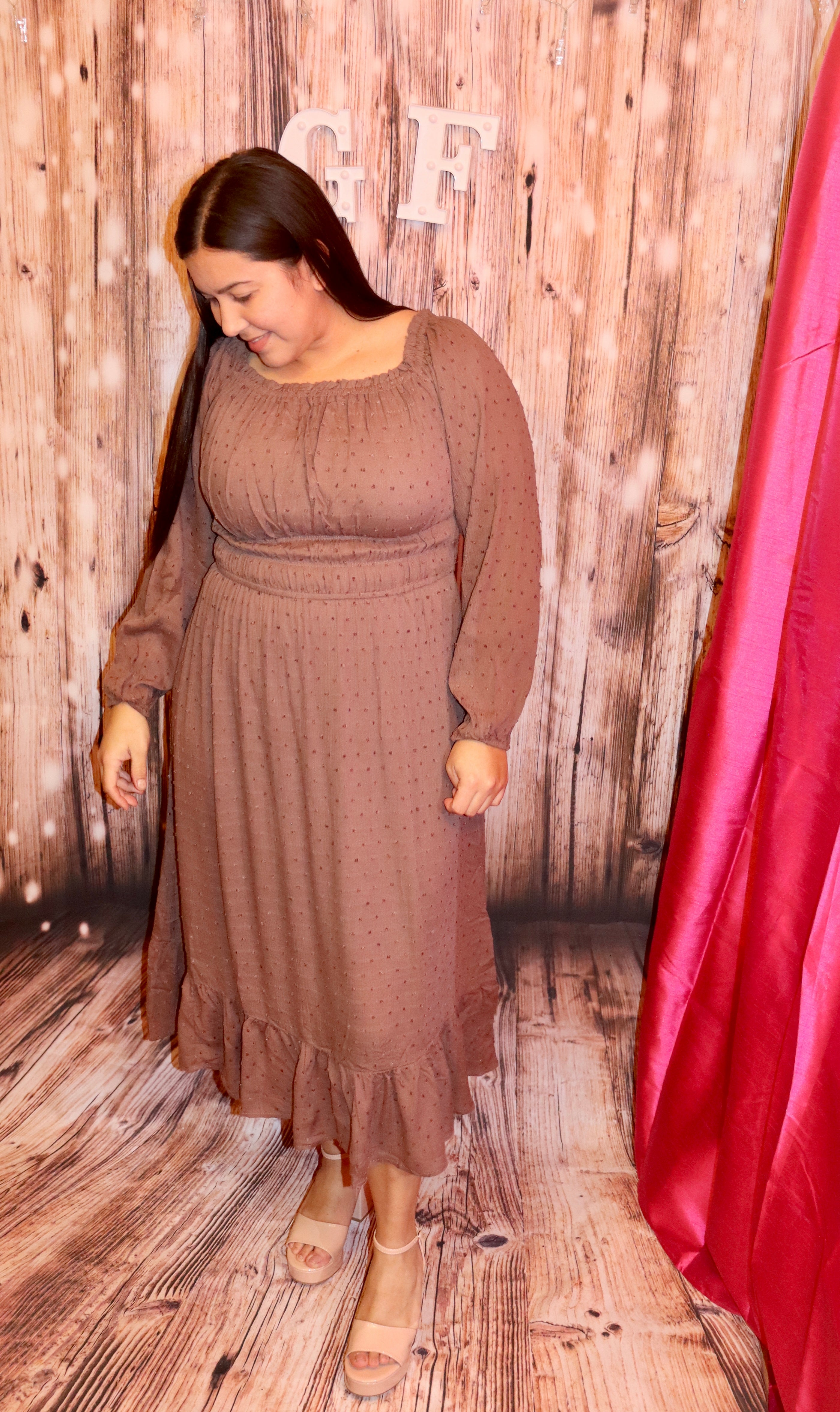 MOCHA OFF SHOULDER RUFFLE LONG DRESS