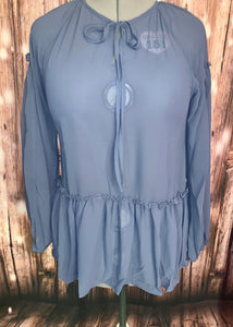 Blue Tie Round Neckline Long Sleeve Sheer Top