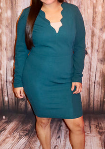 TEAL SCALLOPED V-NECK LONG SLEEVE DRESS