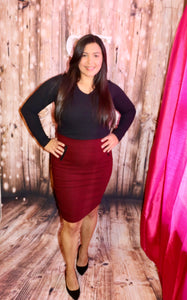 MIDI PENCIL SKIRT BURGUNDY W/ BLACK