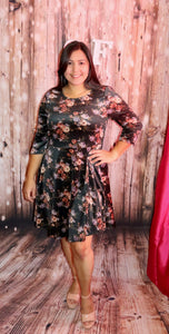 DARK GREEN WITH FLORAL PRINT 3/4 SLEEVE DRESS