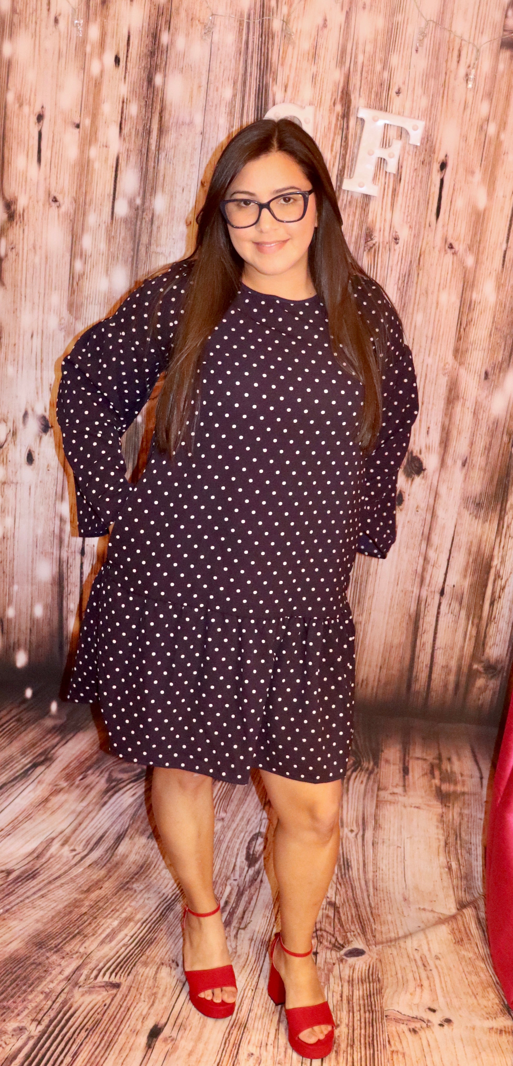 Long Sleeve Knee Length Polka Dots Navy Dress