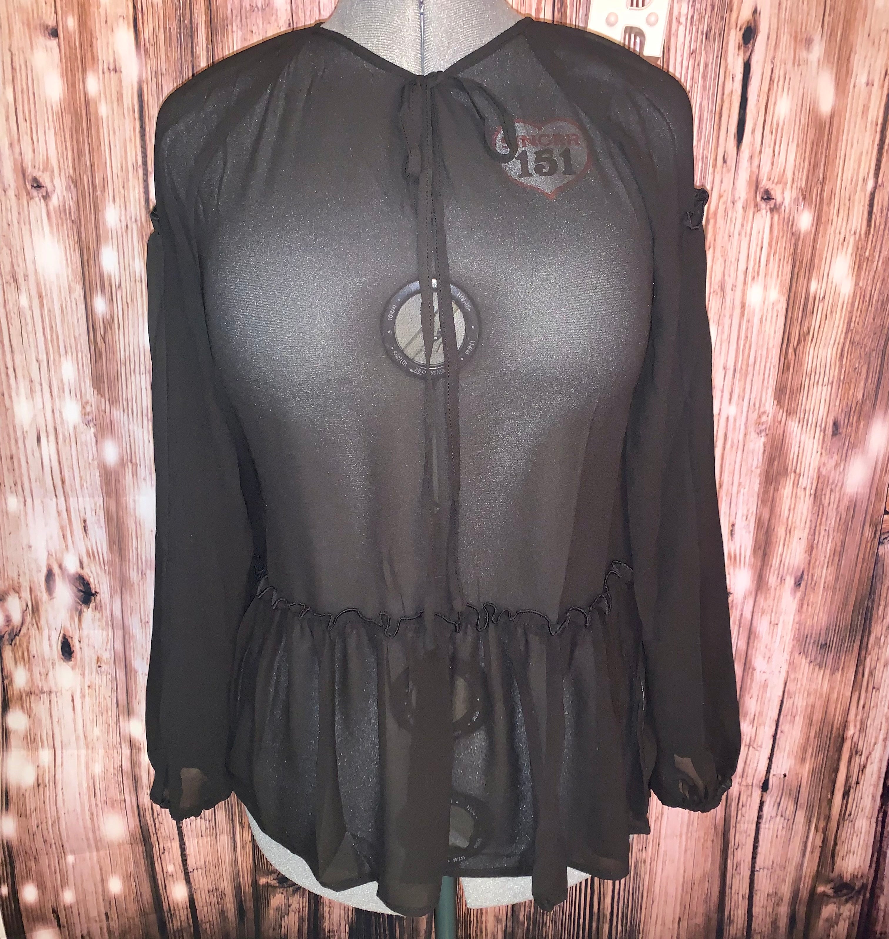 Black Tie Round Neckline Long Sleeve Sheer Top