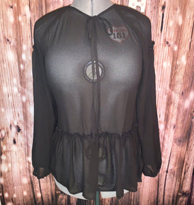 Black Tie Round Neckline Long Sleeve Sheer Top