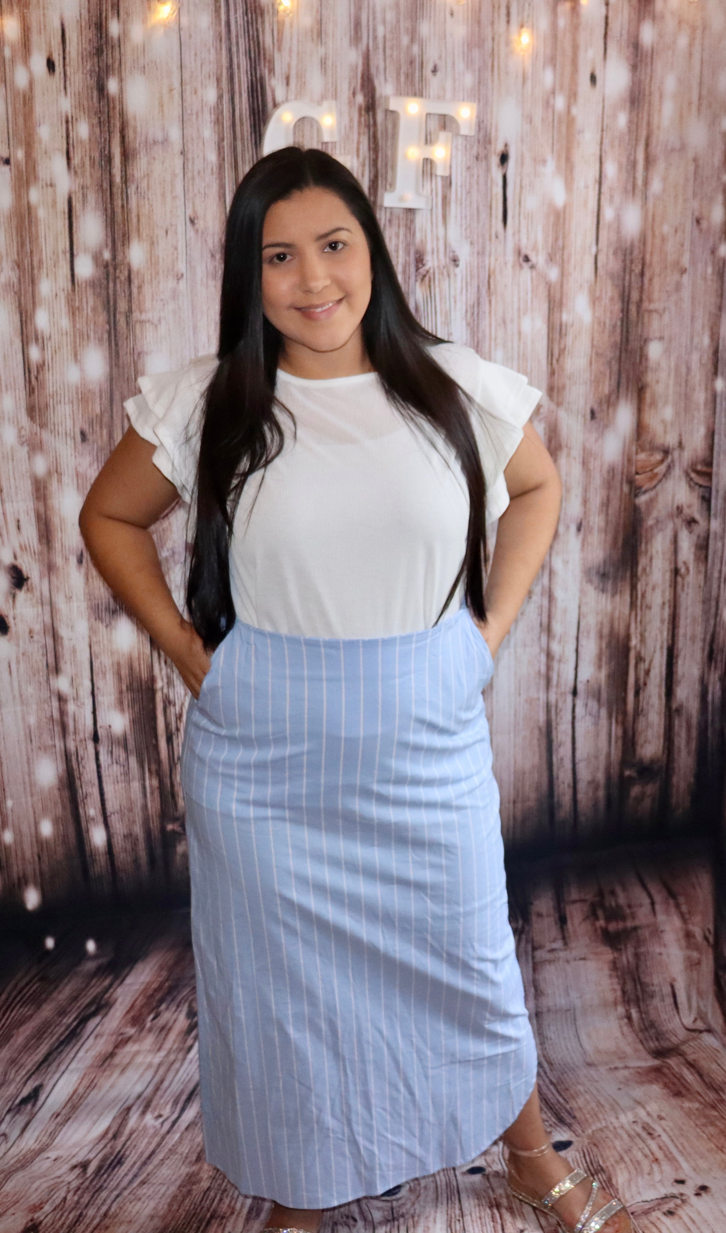 LIGHT BLUE STRIPE LONG SKIRT