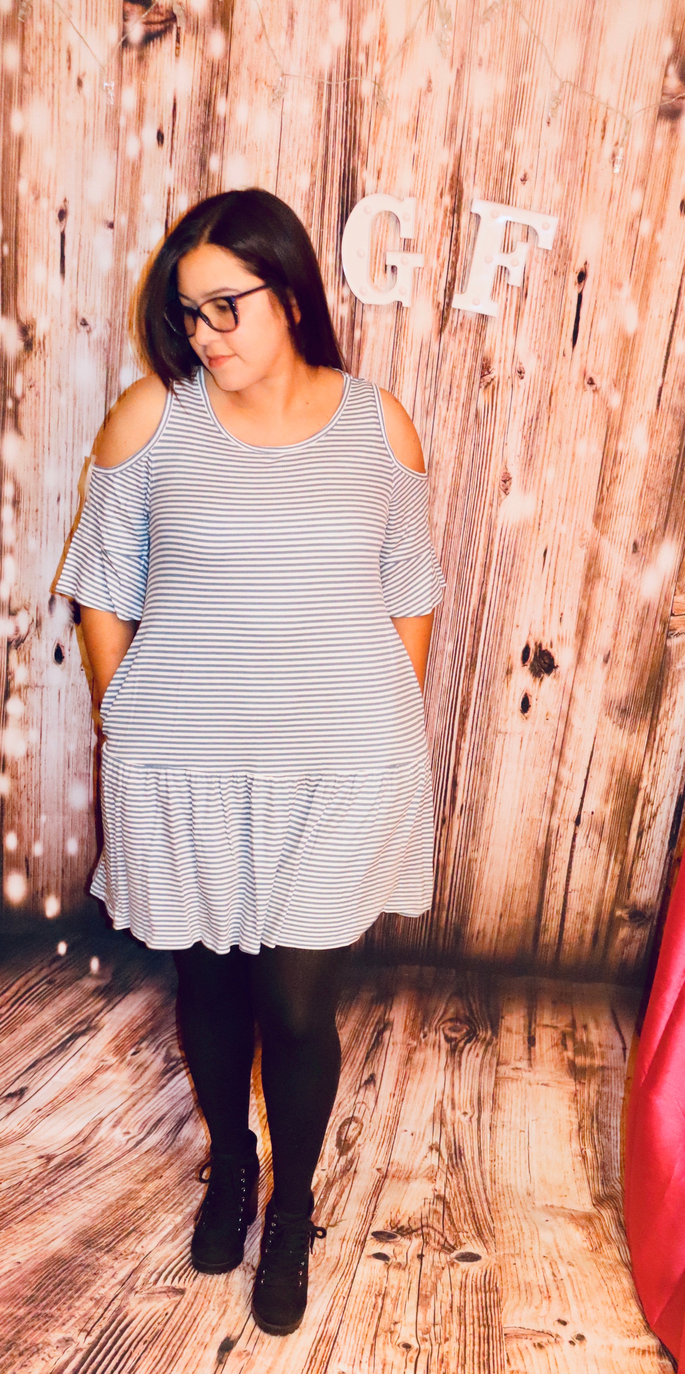 Blue Stripe Shoulder tiered dress