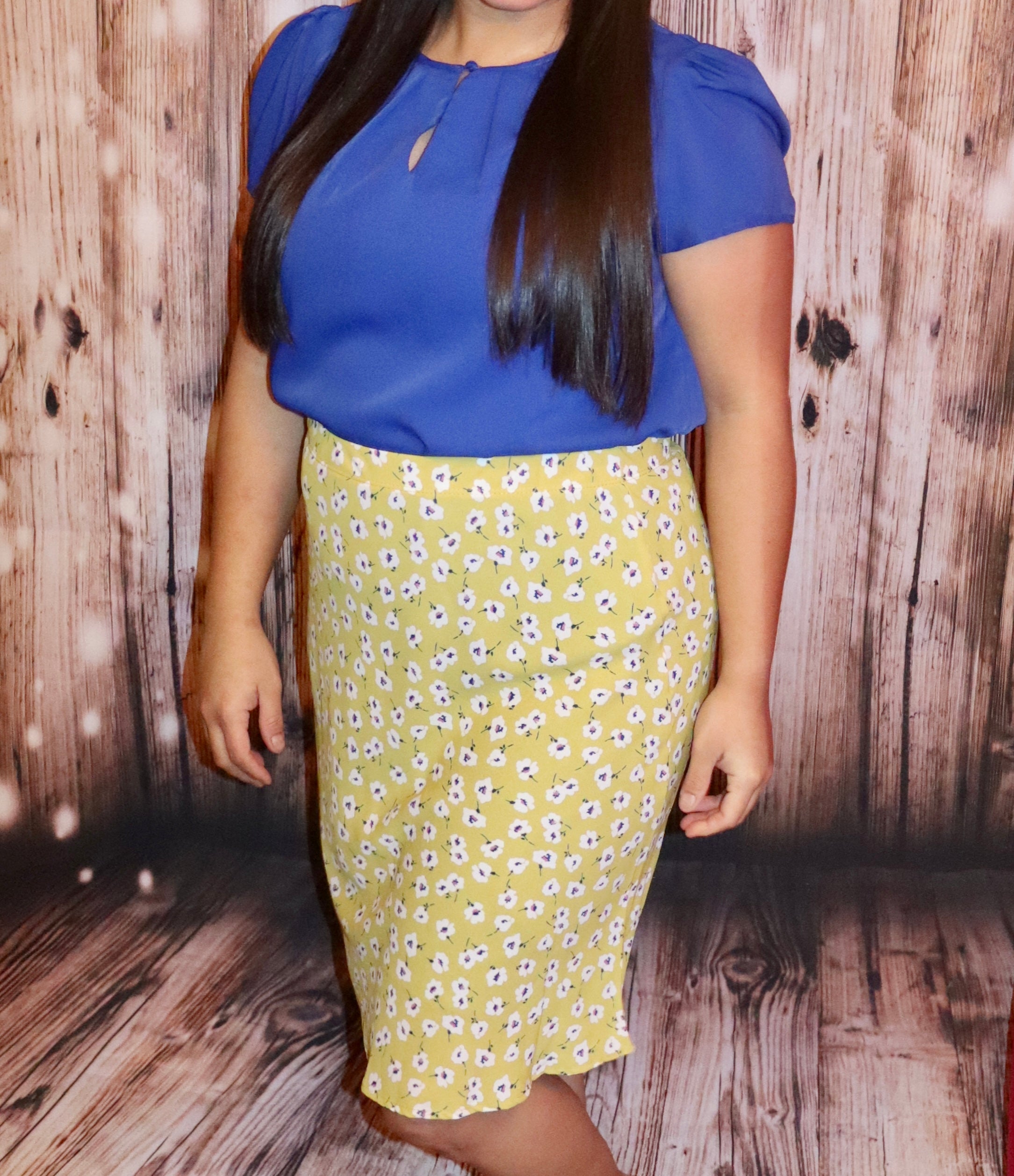 YELLOW FLORAL PRINT PENCIL SKIRT