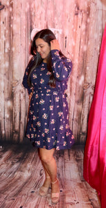 FLORAL ELASTIC WAIST NAVY DRESS