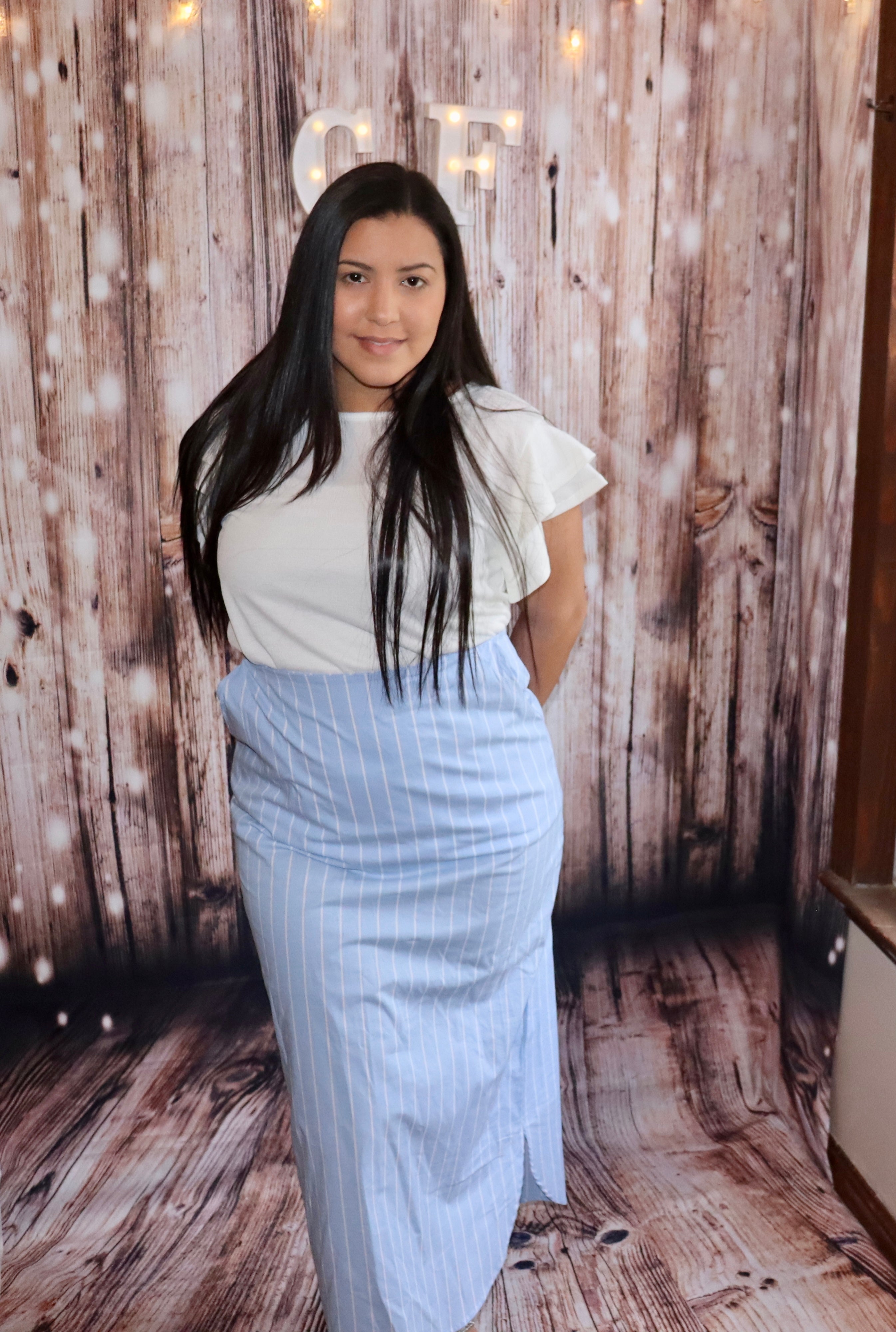 LIGHT BLUE STRIPE LONG SKIRT