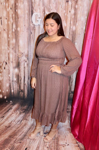 MOCHA OFF SHOULDER RUFFLE LONG DRESS