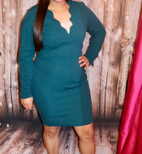 TEAL SCALLOPED V-NECK LONG SLEEVE DRESS