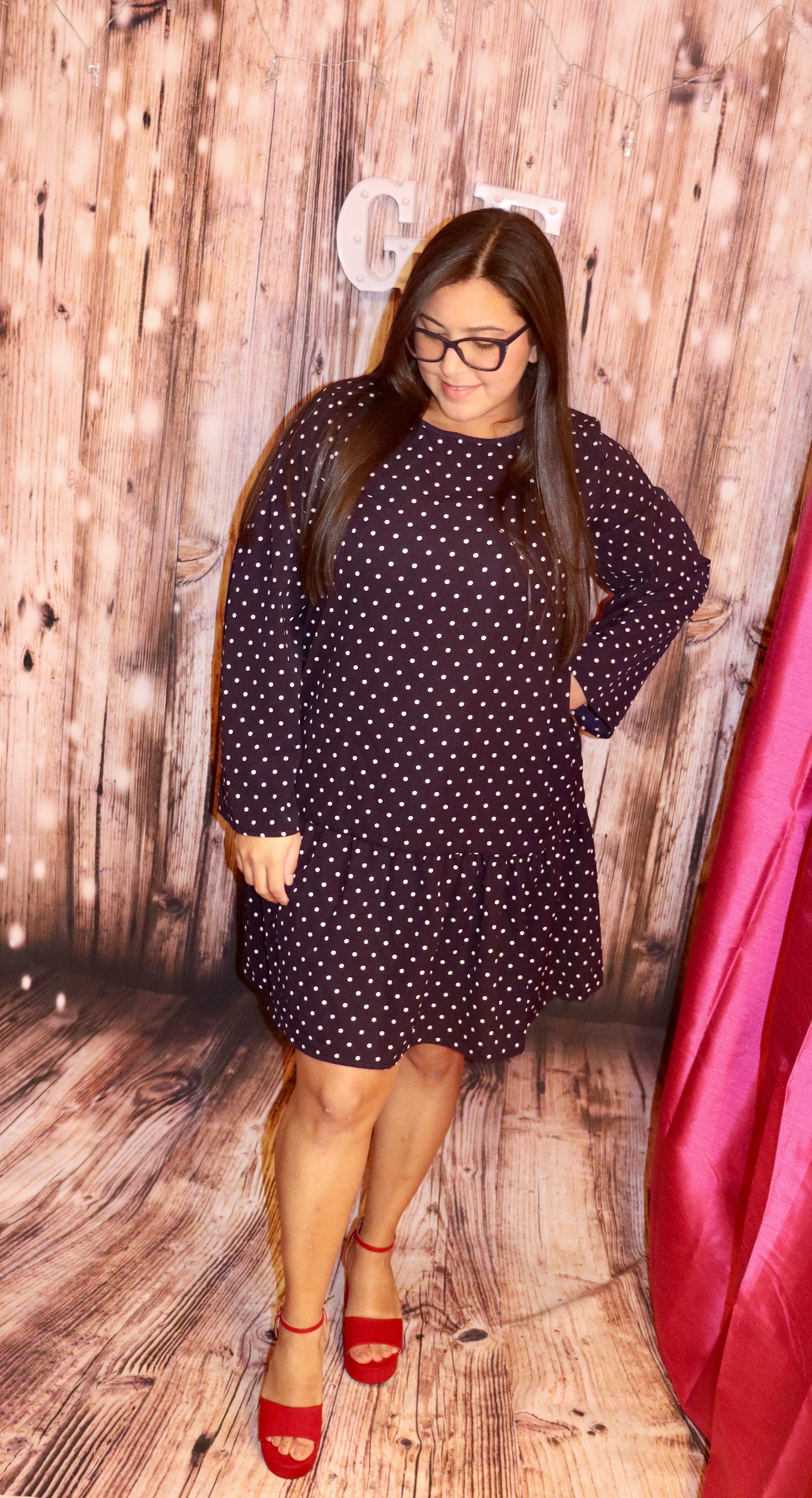 Long Sleeve Knee Length Polka Dots Navy Dress