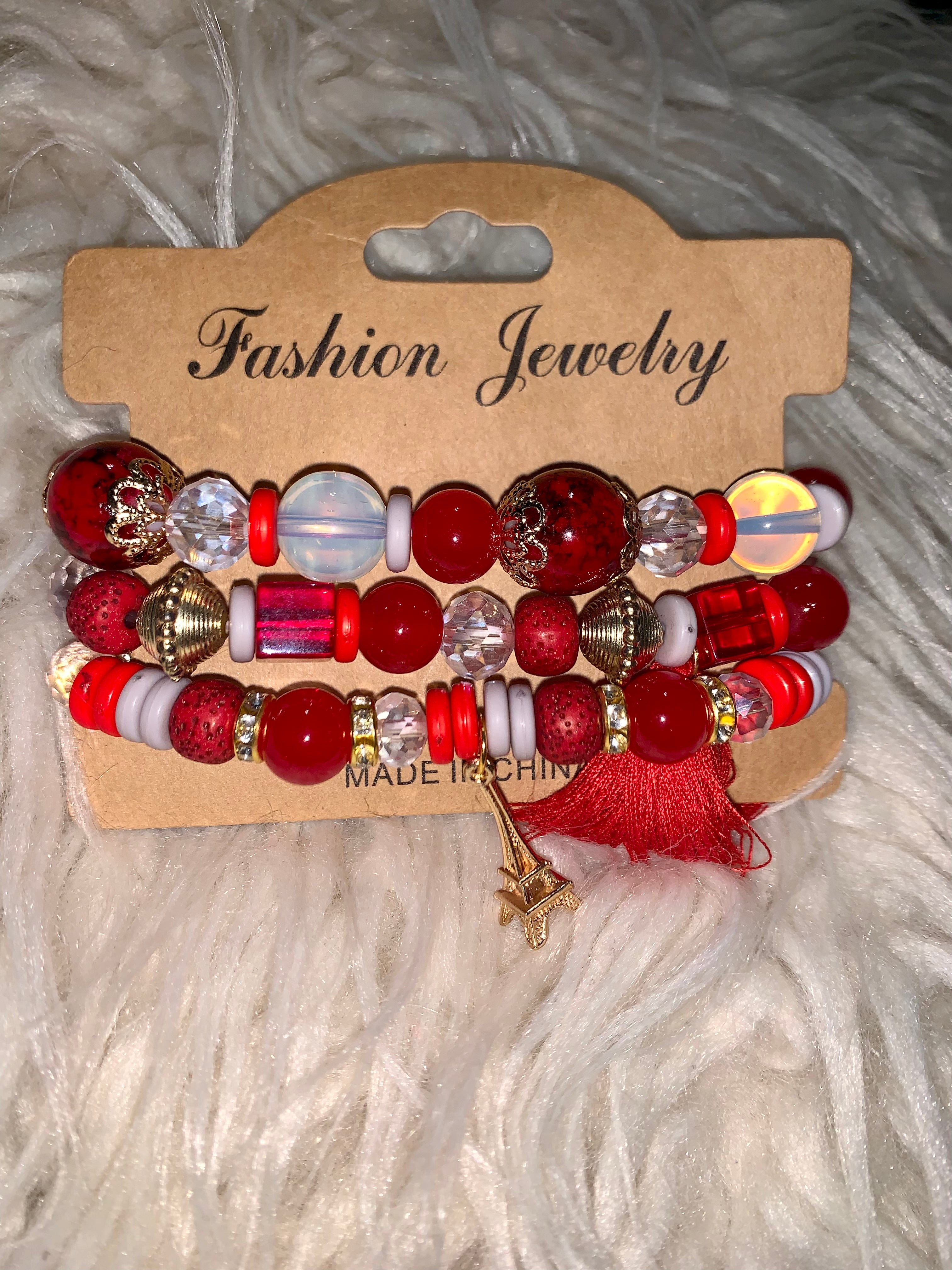 BEADS STACKABLE BRACELET WITH CHARM- RED