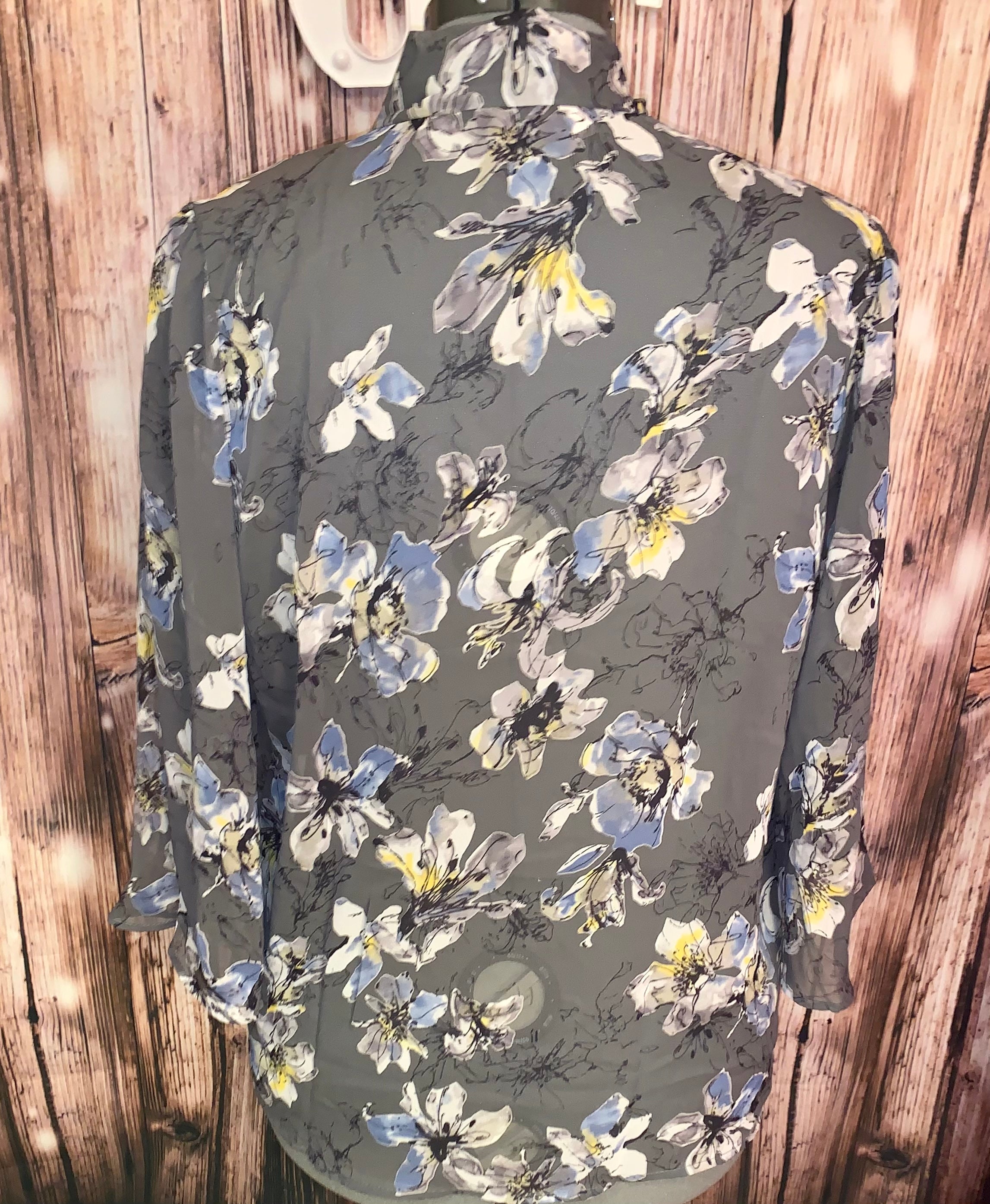 Gray Floral Print Bow Sheer Lace Long Sleeve Top