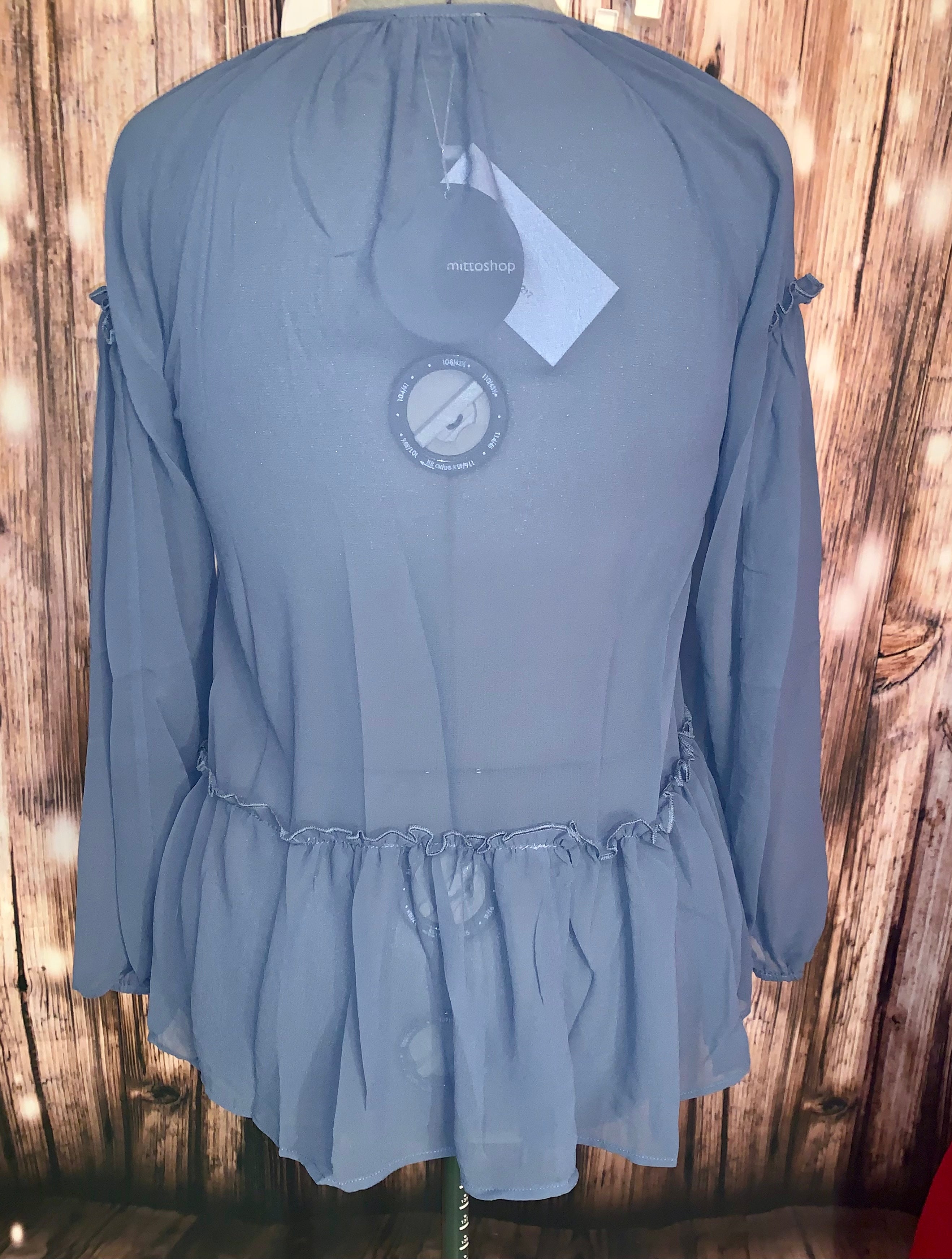 Blue Tie Round Neckline Long Sleeve Sheer Top