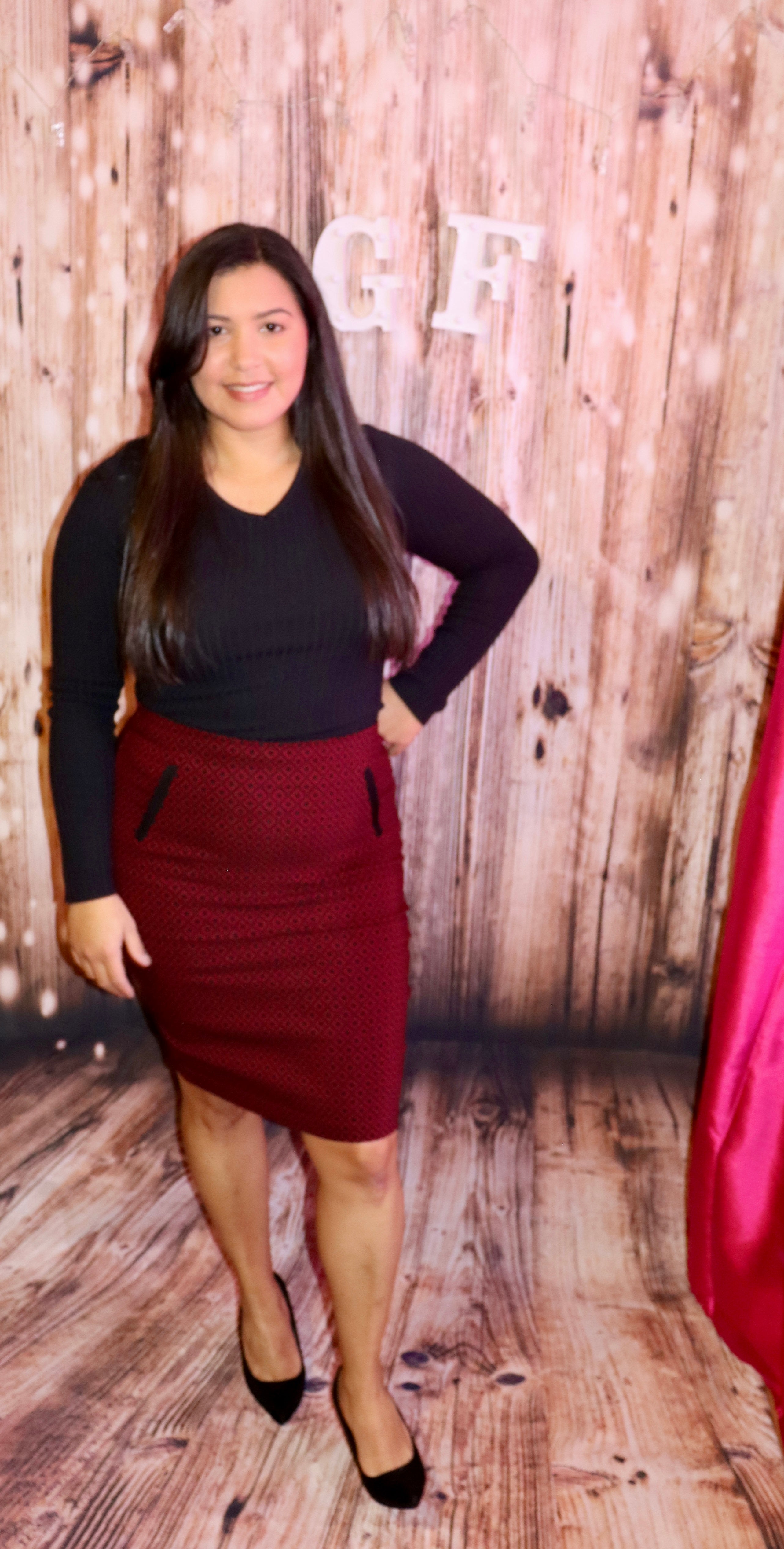 MIDI PENCIL SKIRT BURGUNDY W/ BLACK