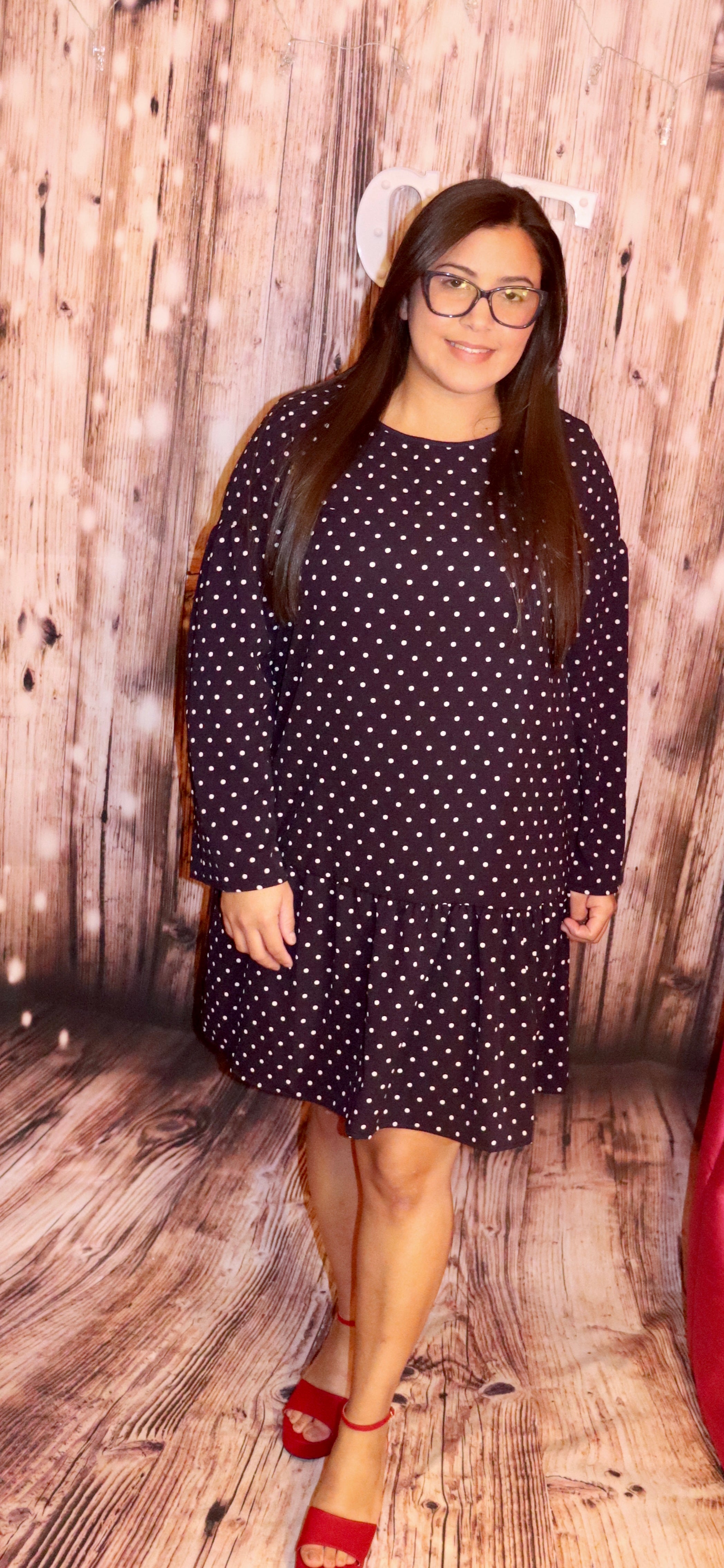 Long Sleeve Knee Length Polka Dots Navy Dress