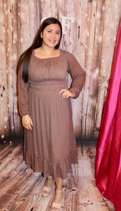 MOCHA OFF SHOULDER RUFFLE LONG DRESS