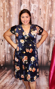 FLORAL V NECK WRAP MIDI DRESS/ NAVY