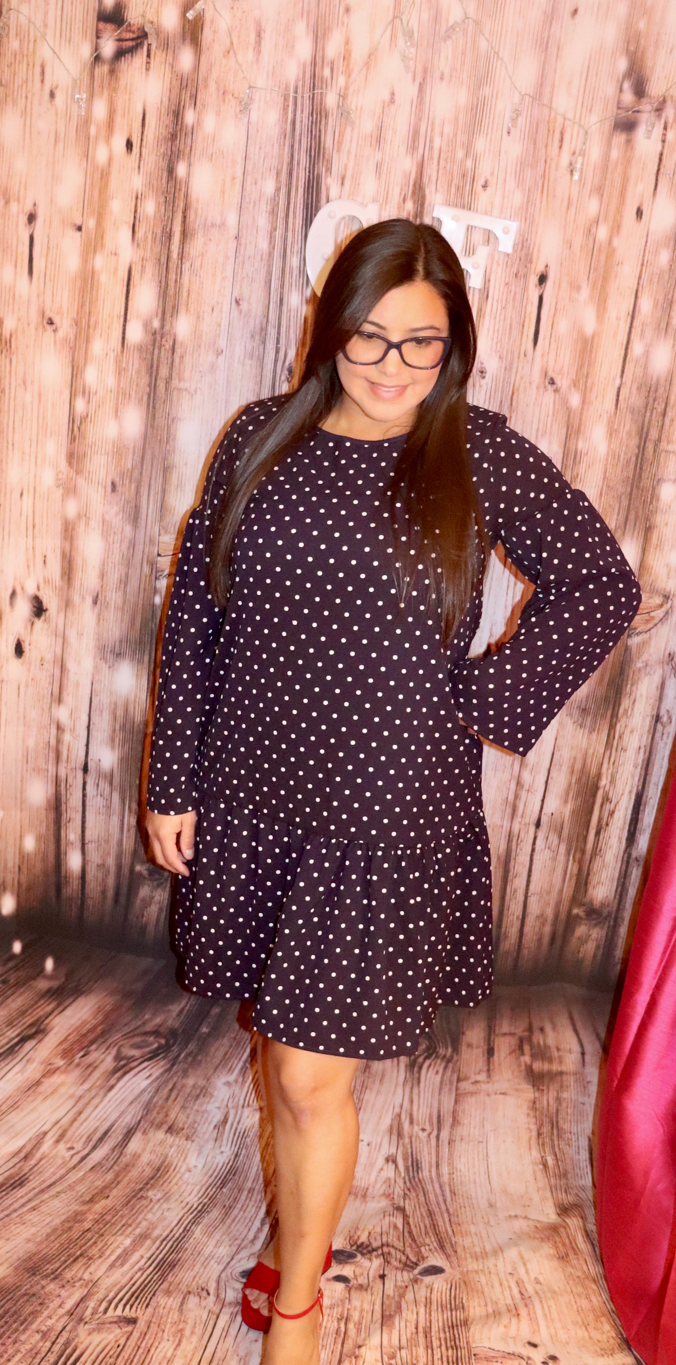 Long Sleeve Knee Length Polka Dots Navy Dress