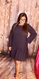 Long Sleeve Knee Length Polka Dots Navy Dress