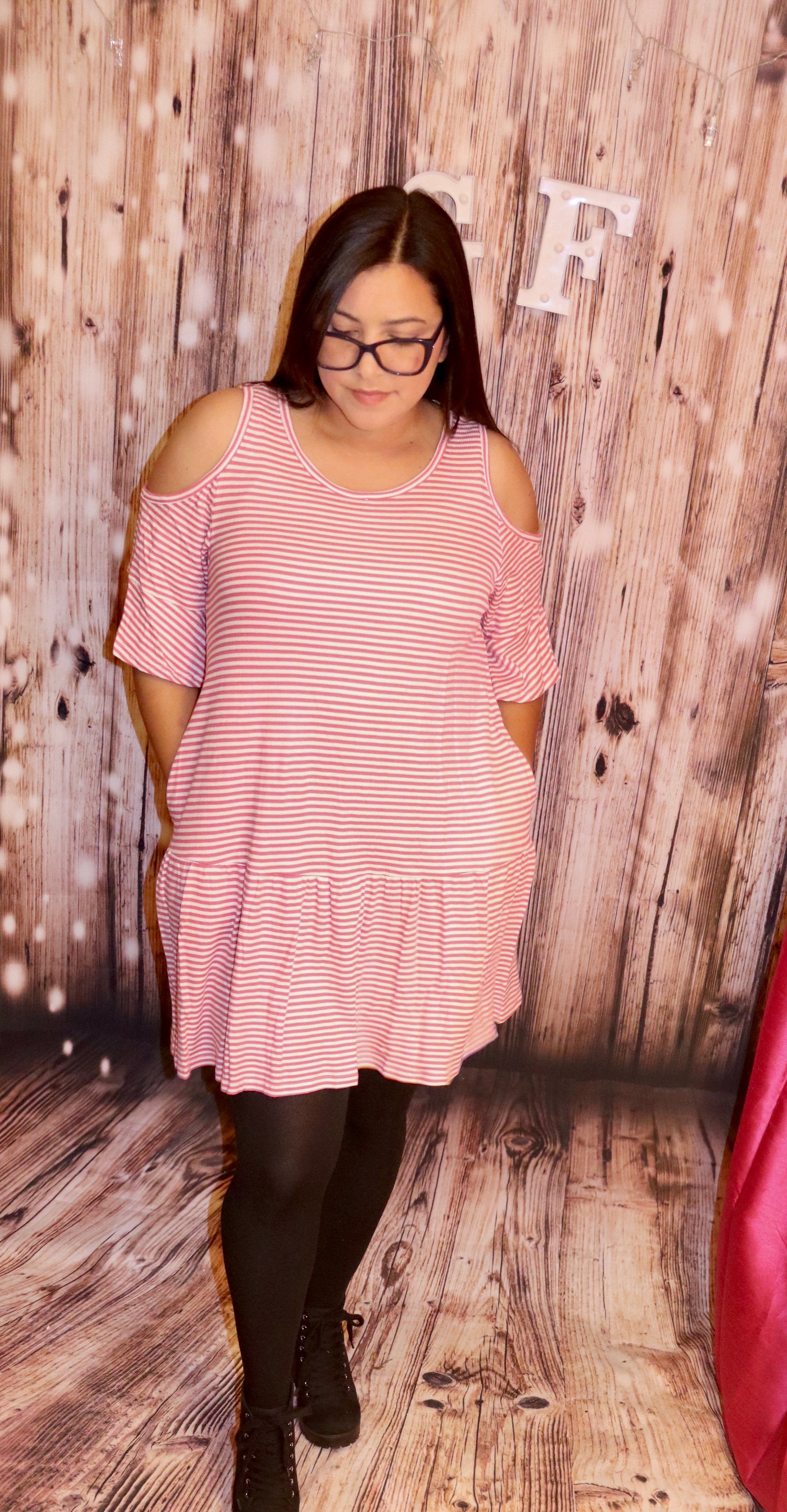 Red Stripe Shoulder Tiered Dress