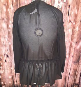 Black Tie Round Neckline Long Sleeve Sheer Top