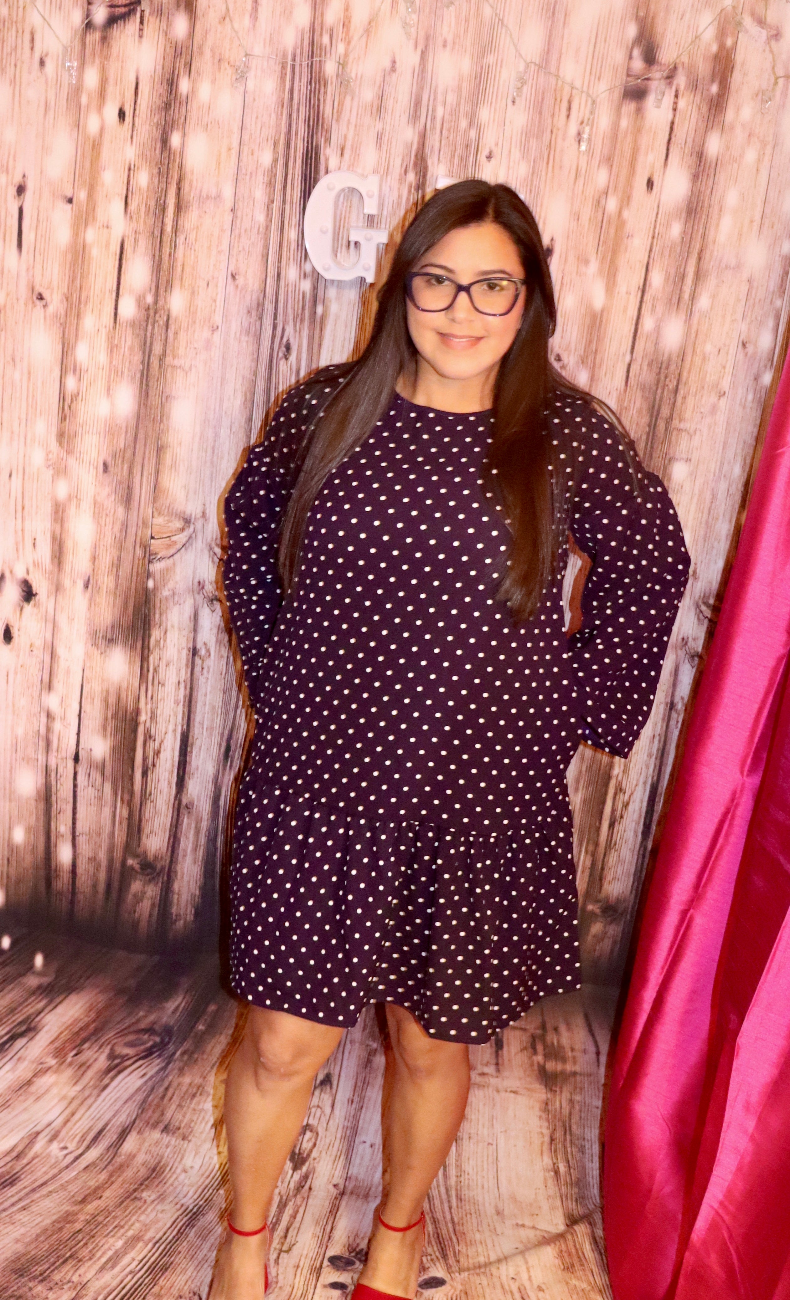 Long Sleeve Knee Length Polka Dots Navy Dress