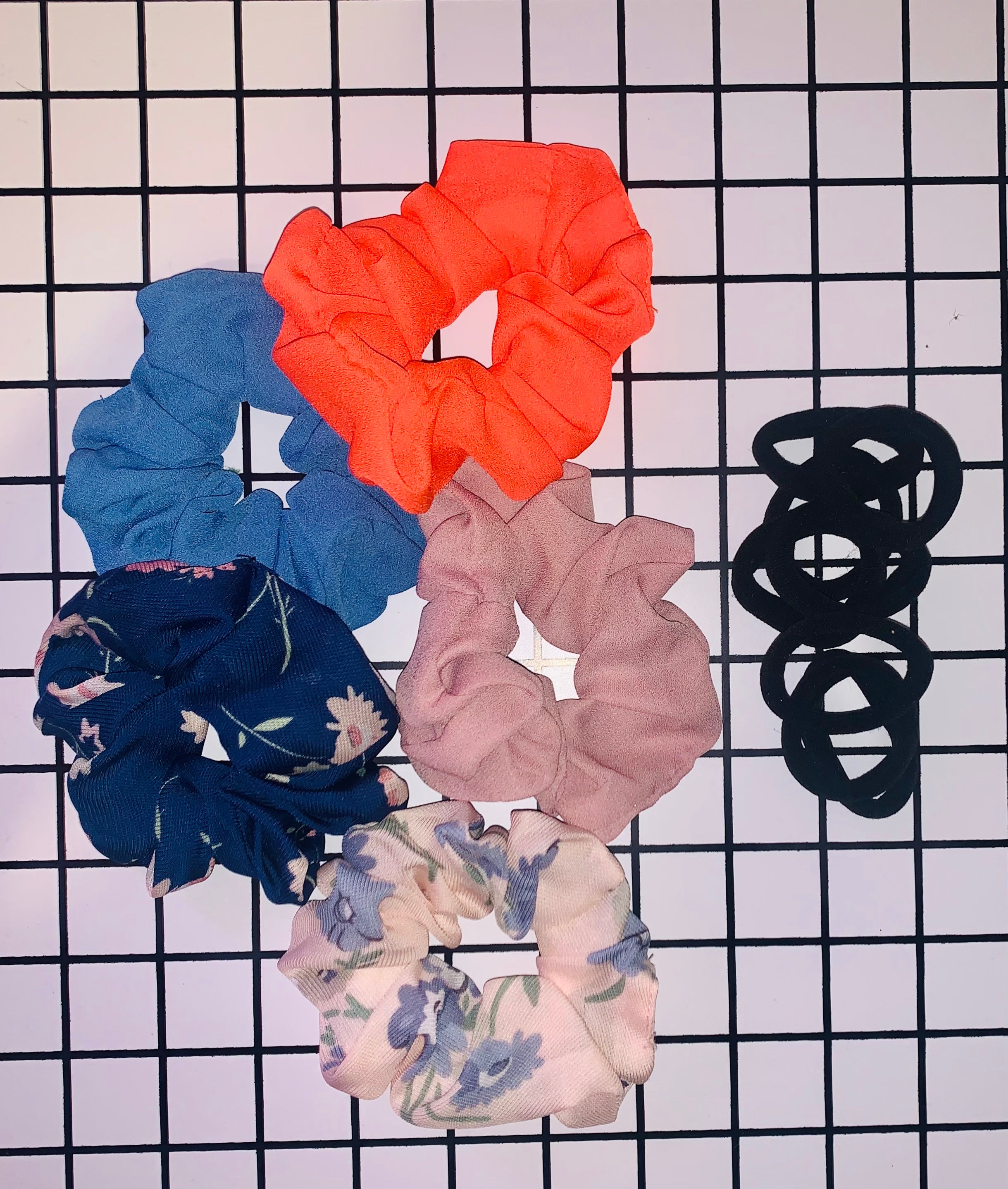 CHIFFON SCRUNCHIES & BLACK ELASTICS BANDS SET #4