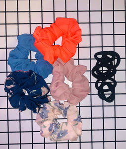 CHIFFON SCRUNCHIES & BLACK ELASTICS BANDS SET #4